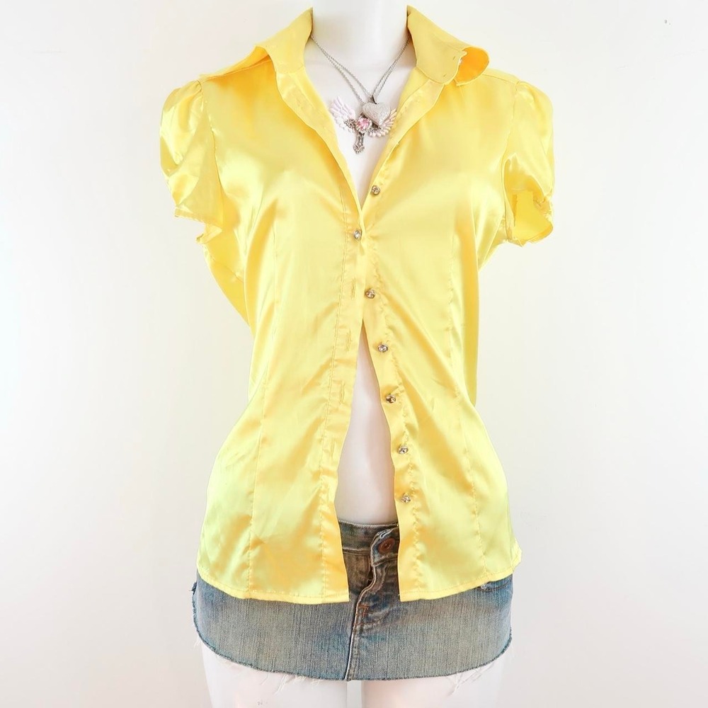 y2k yellow satin button up blouse